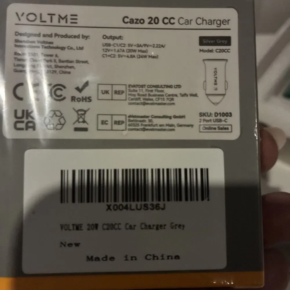 VOLTME Cazo 20CC Fast Car Charger-20W Dual USB-C-New In Box